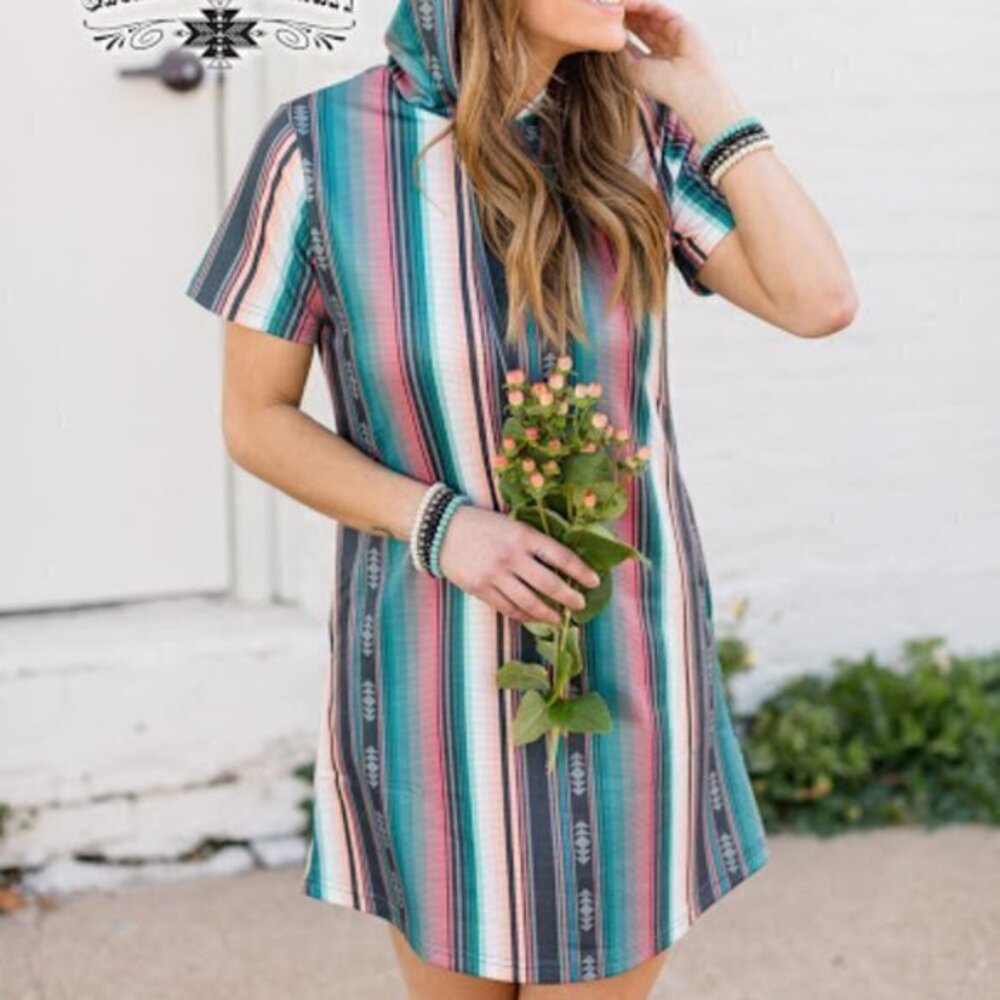 Mini Dress Draw String Hood and Pockets Southwest Style Size Large
